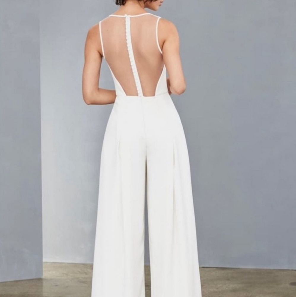 Amsale Ivory Wide Leg Jumpsuit Sheer Back 20